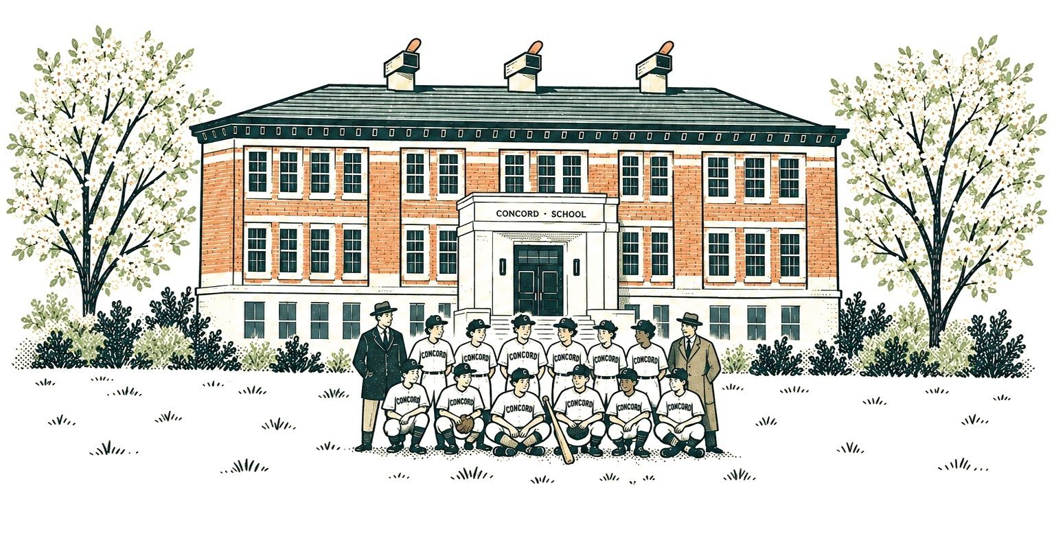 Illustration of the Concord School baseball team posed in front of the main entrance.