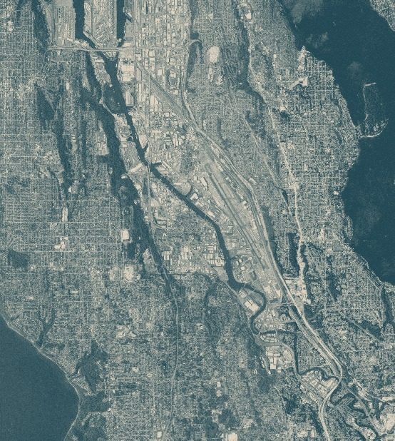The Duwamish valley today: the river runs in a straightened channel.