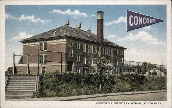 Colour postcard of Concord Elementary School with a Concord pennant in the sky.