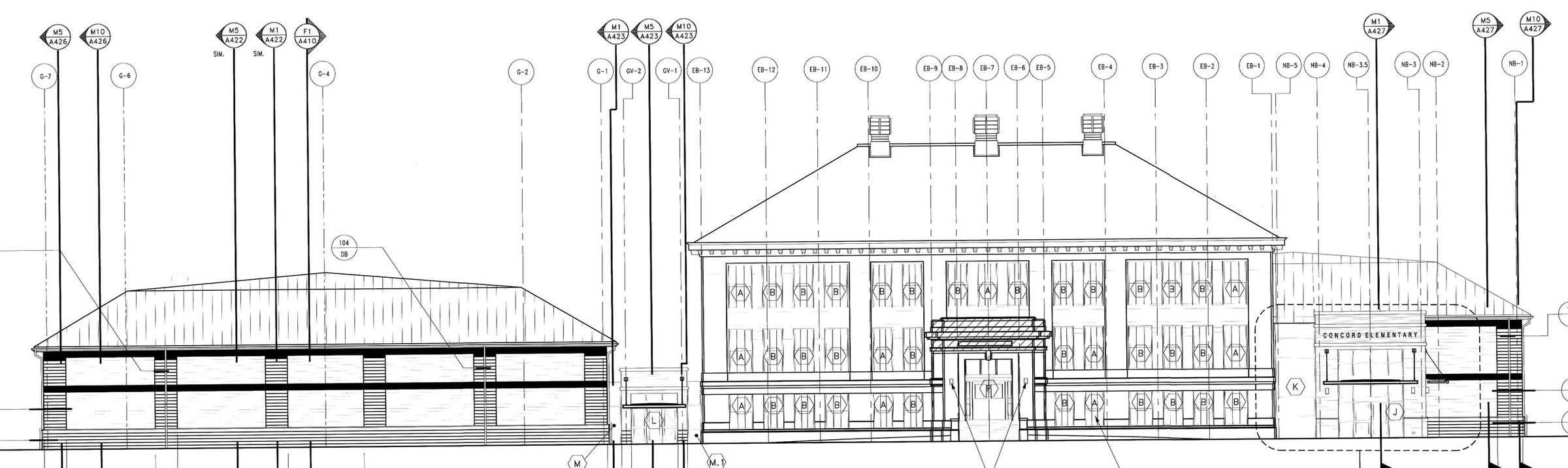 Architect’s north elevation drawing showing the new gymnasium, the 1913 building and the new entry.