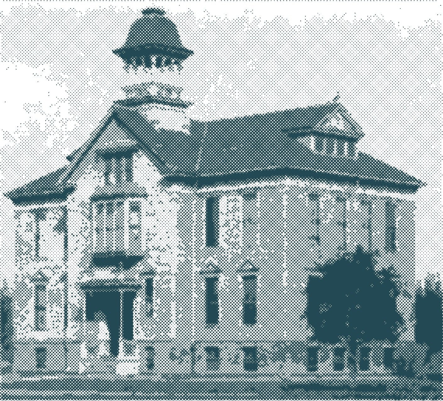 Halftone print of South Park School, a two-story wooden schoolhouse with a bell tower.