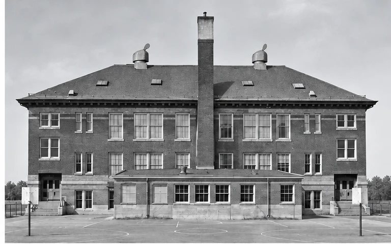 The south elevation, with the boiler chimney and the low annex.